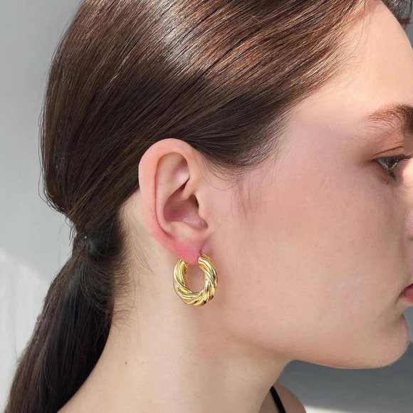 Bold Gold Hoop Earrings, Chunky Gold Hoop Earrings, Twisty Gold Hoop Earrings - Picture 2 of 9